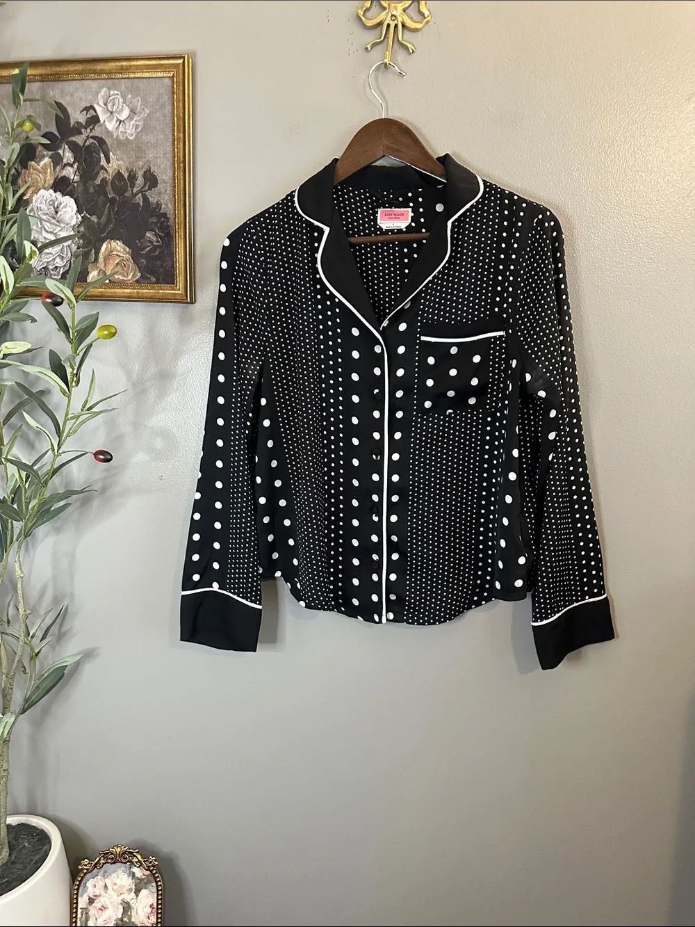 Kate Spade New York Polka Dot Button Front Blouse Pajama Style Top Small